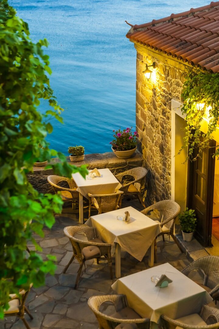 restaurant, food, table, sea, nature, plant, traditional, village, light
