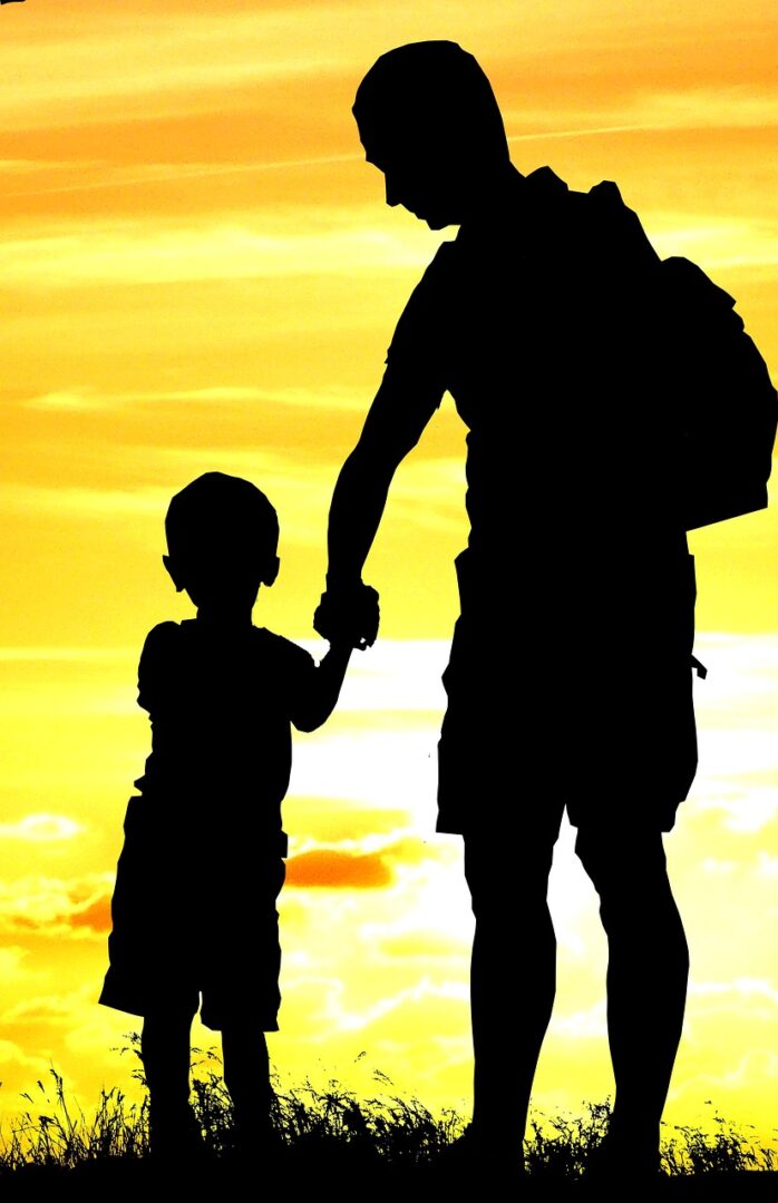 sunset, father, son, silhouette, child, family, people, nature, evening, happy, discussion